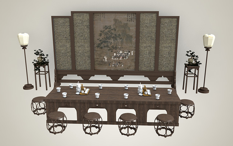 【6套中式屏风古代复古书房装饰摆设宋代桌椅组合SU模型C4D素材-cg男孩