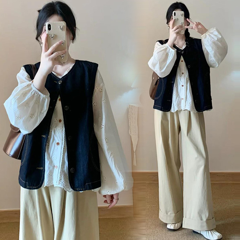 Maternity Wear Spring Suit 2026 New Retro Denim Vest Shirt Women's Wide-Leg Pants Casual Spring and Summer Three-Piece Set
