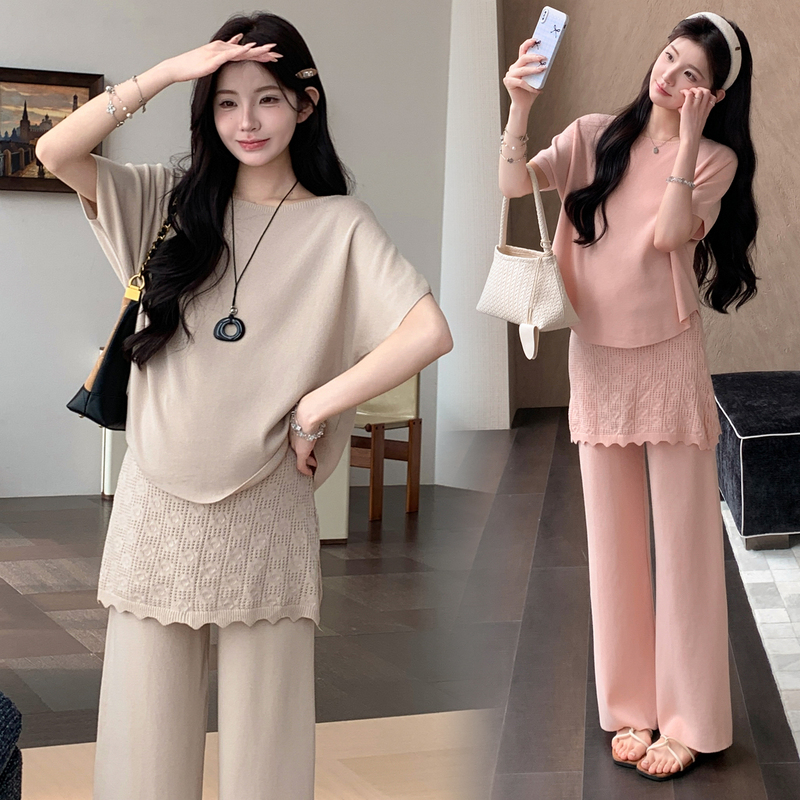 Pregnant Women's Summer Outfit, French-Style High-End Wear, a Complete Set of Short-Sleeved Tops and Pants, Lazy Style Two-Piece Set