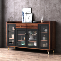  Dining side cabinet Modern simple wine cabinet integrated wall Nordic black walnut kitchen cabinet living room household tea cupboard