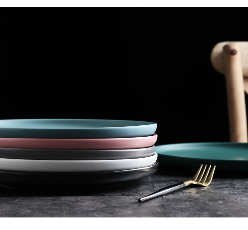 Nordic matte enrolled porcelain plate beefsteak pasta, green household circular plate cake salad plates