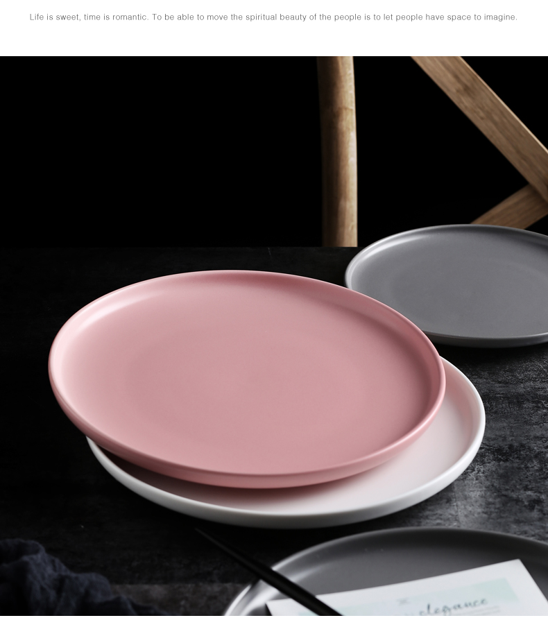 Nordic matte enrolled porcelain plate beefsteak pasta, green household circular plate cake salad plates