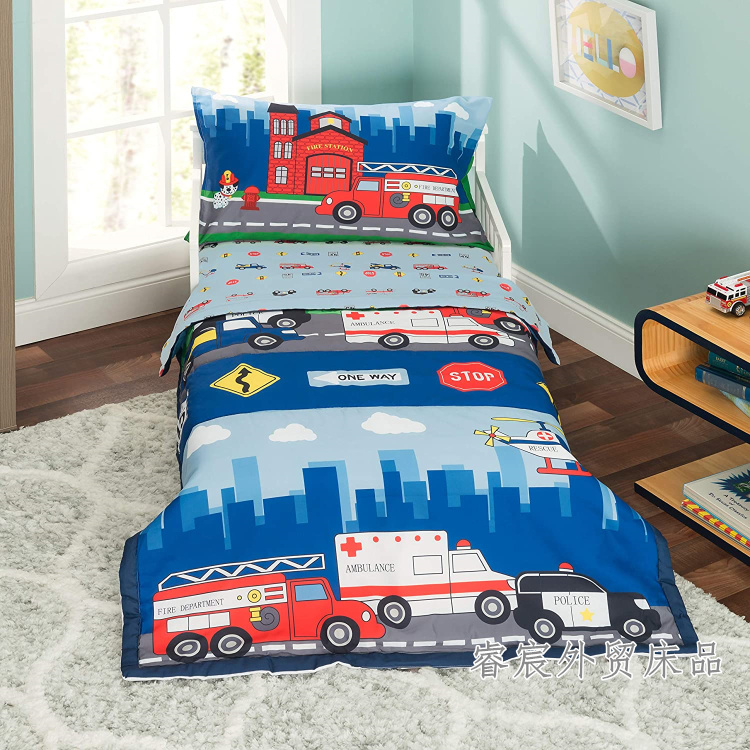 Foreign Trade Original Boy Police Fire Truck Baby Kindergarten Bed Supplies Suite Four-piece Sheets