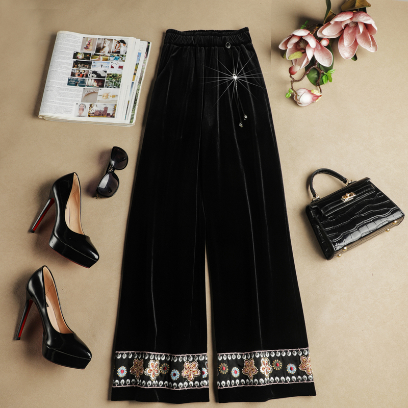 【Warm Spring】New Chinese-Style Retro Embroidered Beaded Velvet Wide-Leg Pants for Women, 2026 New Straight-Leg Casual Pants