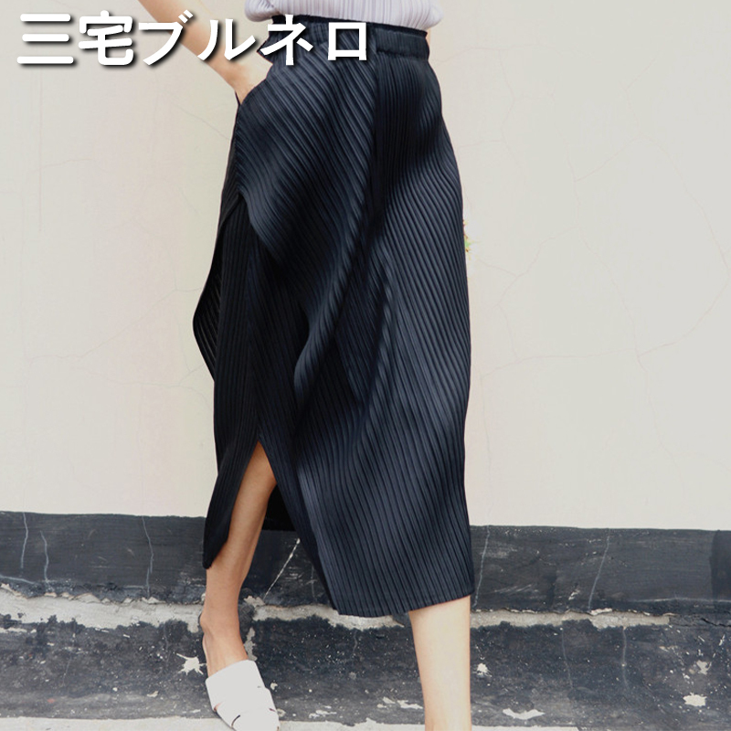 Miyake Brunello Pleated Asymmetrical One-Sided Hem Skirt Casual Slit Hip-Hugging Skirt Women's Mid-Length Style