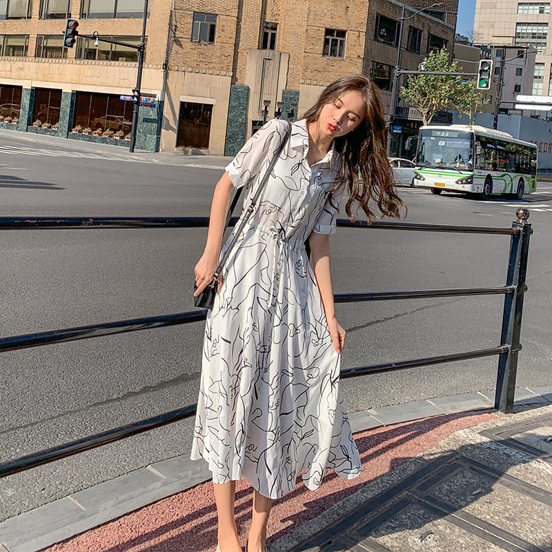 Dress women's summer 2022 new Korean version of the super fairy temperament over the knee popular gentle wind chiffon shirt skirt