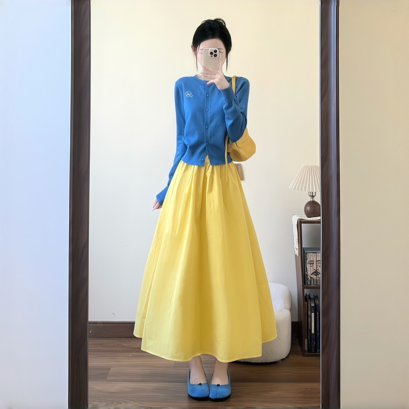 Korean Klein Blue Dopamine Casual Fashion Suit for Women, Autumn Embroidered Knitted Cardigan and Skirt Two-Piece Set Korean Klein Blue Dopamine Casual Fashion Suit for Women, Autumn Embroidered Knitted Cardigan and Skirt Two-Piece Set