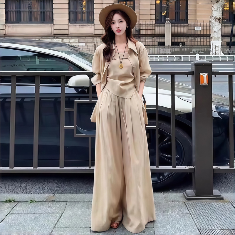 2026 New Cotton and Linen Casual Suit for Women, Elegant Old Money Style, Loose Sun-Protective Shirt, Camisole, Wide-Leg Pants Three-Piece Set
