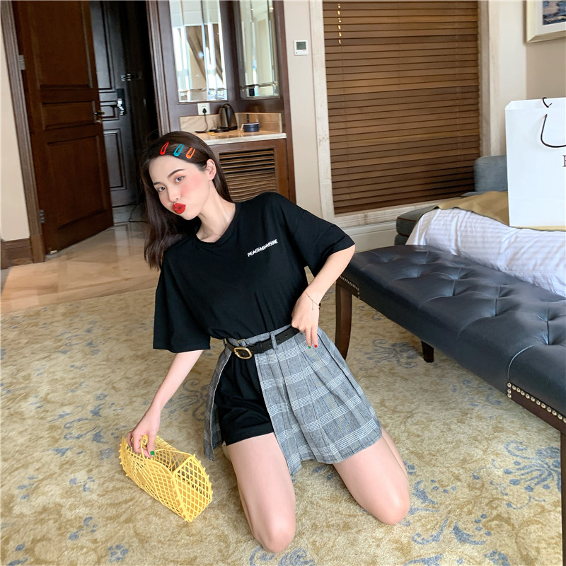 VK旗艦店 韓系格紋T恤個性套裝短袖裙裝