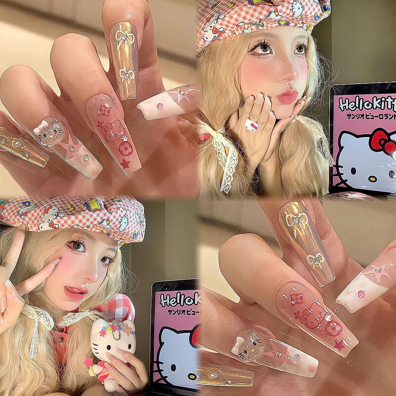 Kitty Nail Art Cartoon Cute Handmade Wearable Nails Popular Hot-Selling Long Nails Xiaohongshu Hellokitty