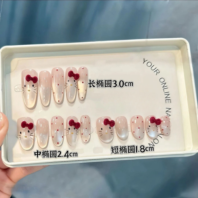 【Velvet Kt Cat】French Gradient Cat Eye Retro Polka Dot Kitty Cat Nail Art, Enhances Fair Skin, High-End Handmade Wearable Nails