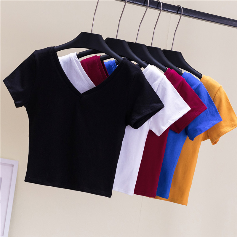 Pure Cotton Dew Cord Woman Tight Body Short double V collar sport short sleeves T-shirt High waist Latin dance blouses dance practice clothing