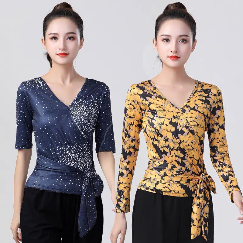 Latin dance outfit new adult female dance suit blouses in sleeves Chinese mark V collar Morden ballroom dress-Taobao