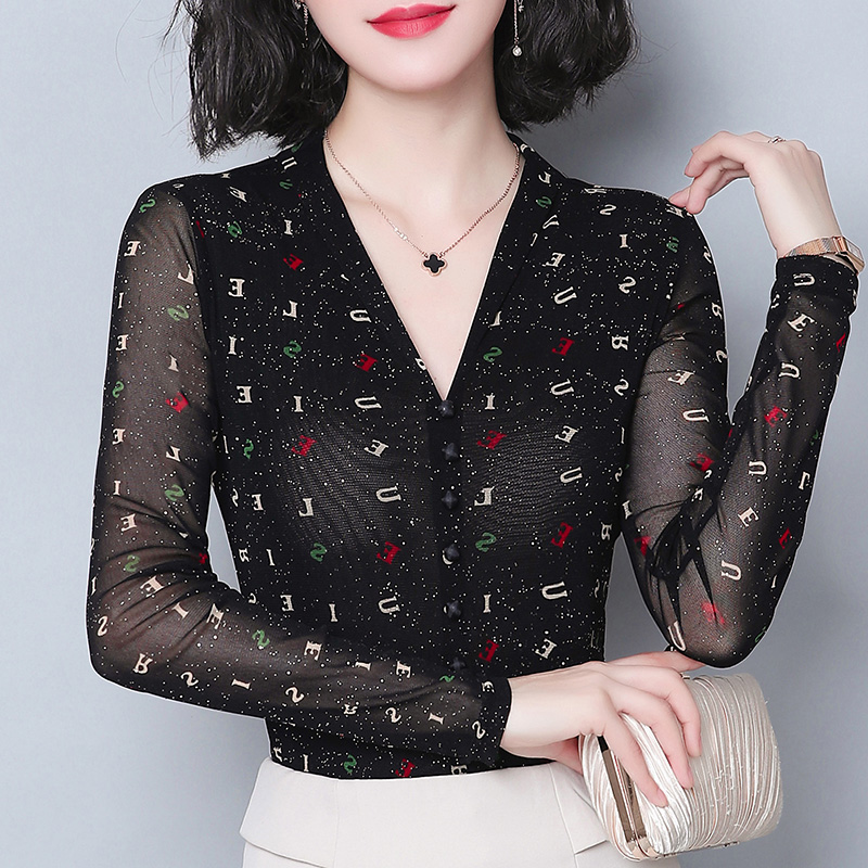 Spring new autumn stretch mesh women's standard modern Latin dance long sleeves V-neck ballroom dance square dance top