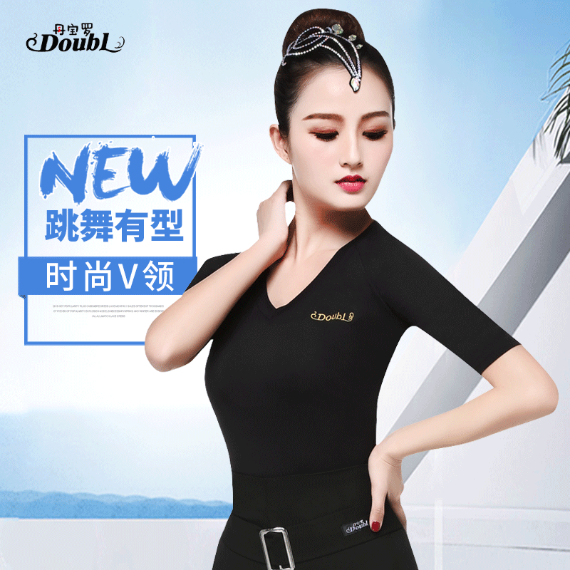 Danbaolo practice suit modern dance Latin dance top V-neck friendship national standard dance women's black square dance short sleeve summer