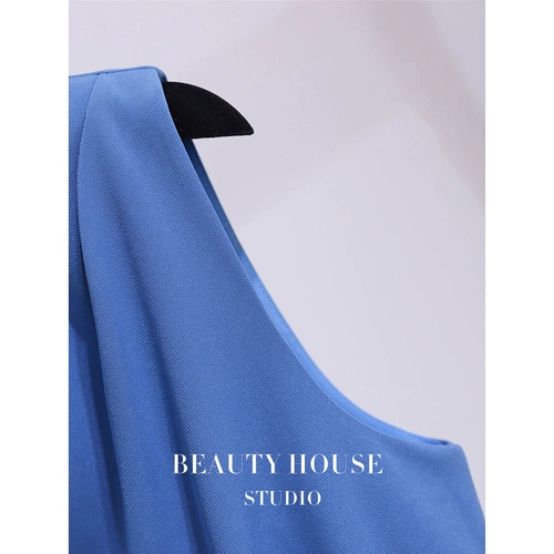 Элитное синее летнее платье с рукавами без рукавов, юбка, небольшой дизайнерский корсет, городской стиль