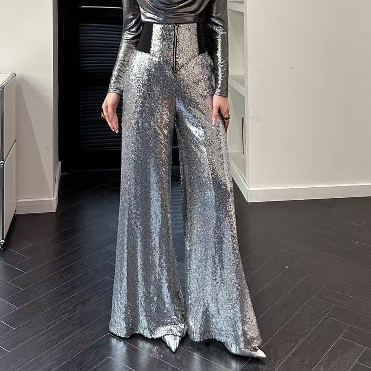 2026 Spring New Fashion High-End Slimming Flared Pants Versatile Casual Pants Women's Sequin Design Long Pants Women