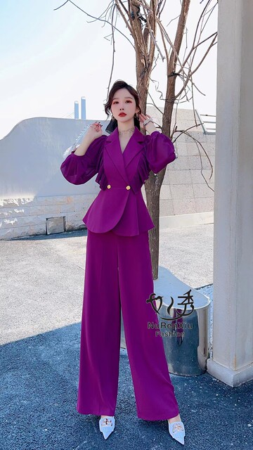 Temperament women's show suit 2023 spring and autumn new chiffon stitching suit high waist wide-leg pants two-piece women's clothing