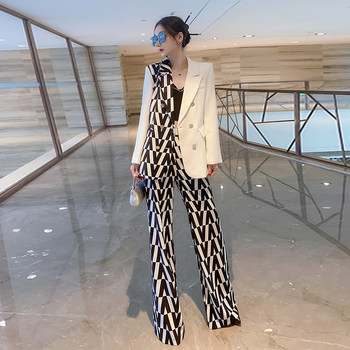 Spring suit women's new celebrity professional temperament splicing suit jacket with pants fashion print two-piece set
