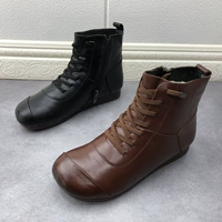 Кожаные зимние модные этнические короткие сапоги с молнией на плоской подошве, коллекция 2021, этнический стиль, круглый носок