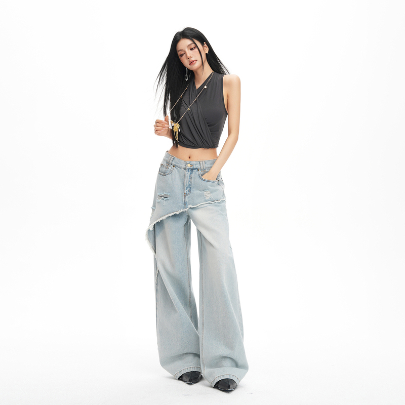American High Street Style Loose Wide-Leg Jeans for Women, New Spring Design with Ripped Holes, Faux Two-Piece Splicing Casual Long Pants