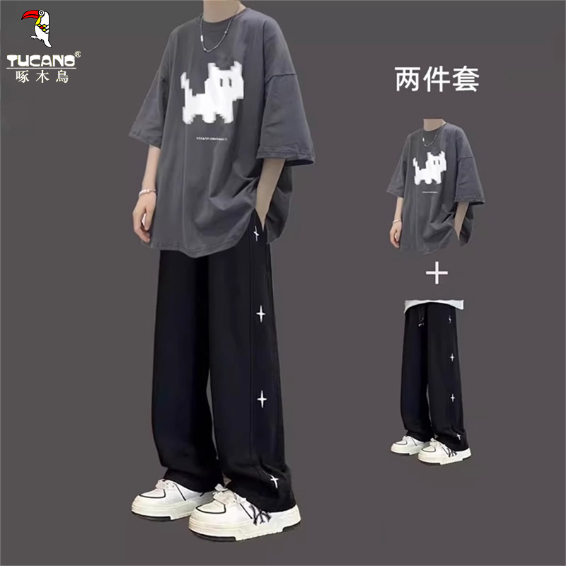 Woodpecker Summer Short-Sleeved T-Shirt Men's Set New Loose Trendy Brand Cool and Handsome Outfit Two-Piece Set