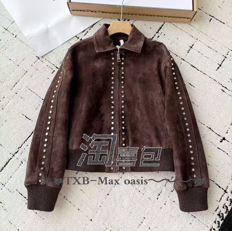 Taoxibao Independent Brand Winter New Style Studded Dark Brown Suede Sheepskin Bomber Jacket