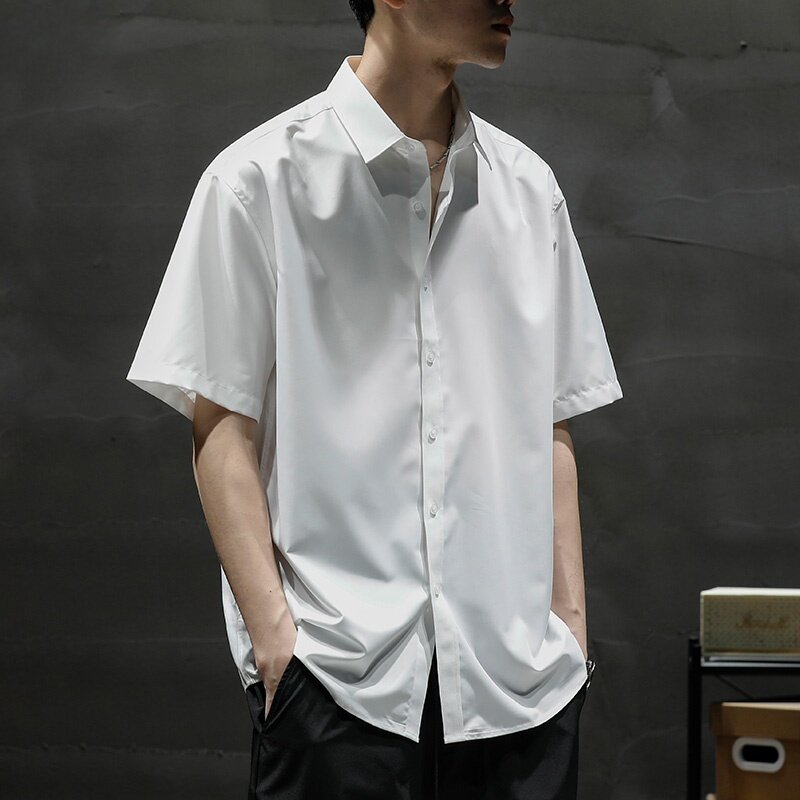 短袖衬衫男夏季冰丝薄款宽松大码免烫高级感白色衬衣半袖商务寸衫