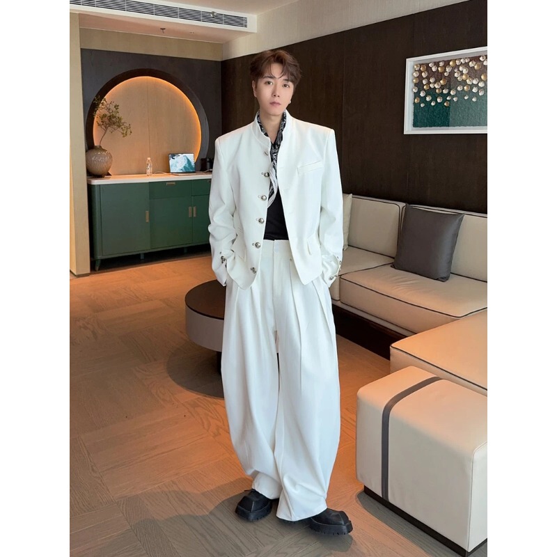 Autumn and Winter High-End White Suit with Stand Collar for Men, Single-Breasted, Stylish and Cool Suit Jacket, Versatile for Business and Fashion