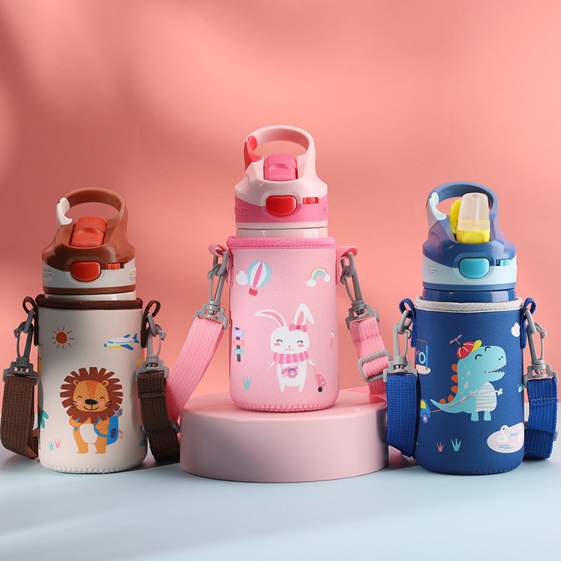 Cute cartoon portable children vacuum cup with straw kindergarten pupils baby baby water cup duck mouth kettle