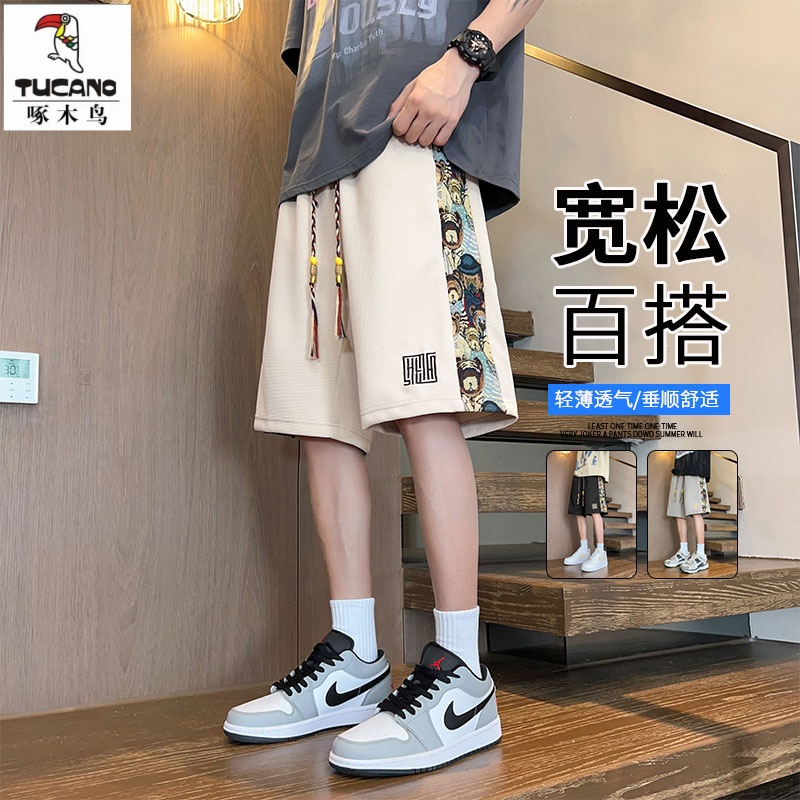 ウッドペッカーメンズショートパンツ夏民族風クマ刺繍メンズ夏薄手カジュアル五分袖国家トレンドブランド通気性パンツ