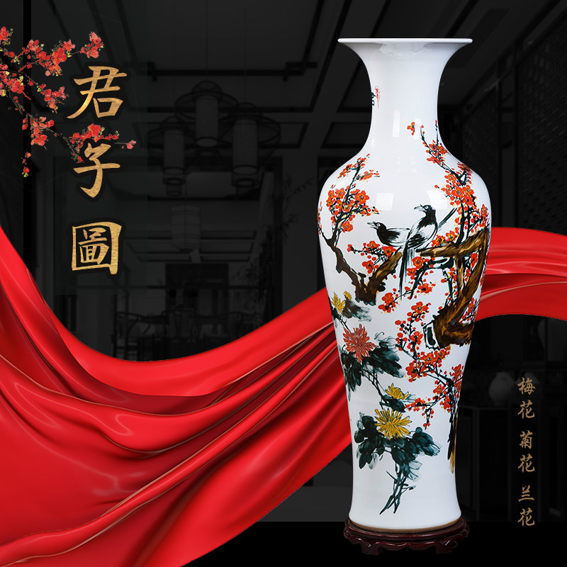 Jingdezhen hand-painted blue and white landscape flowers and birds landing large vase home living room hotel decoration handicraft decoration