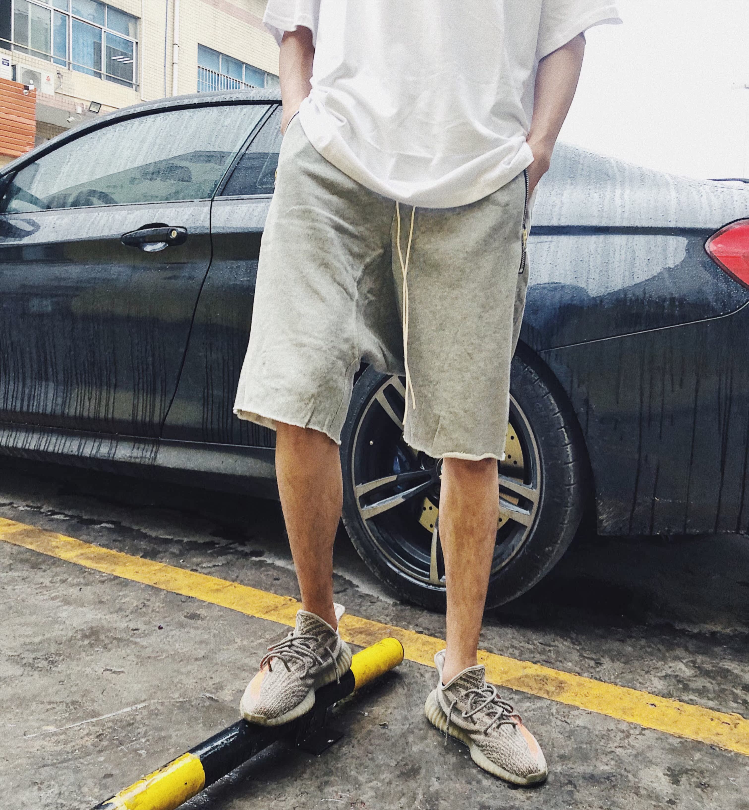 [Tạo tác mùa hè] CONK LAB Rút dây ra ngoài đường dây kéo hoang dã viền quần kanye gió lỏng - Quần short quần nam ống rộng