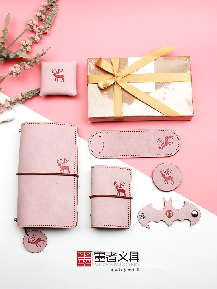 Ink-maker Xiaoqing New Peach's Aborted Elk Hands Account Leather Face Notepad Loose-leaf Notebook Stationery Cow Leather Hand Ledger Book Gift Diary Travel Handbooks Ben Bull Leather Notebook Custom Print Logo