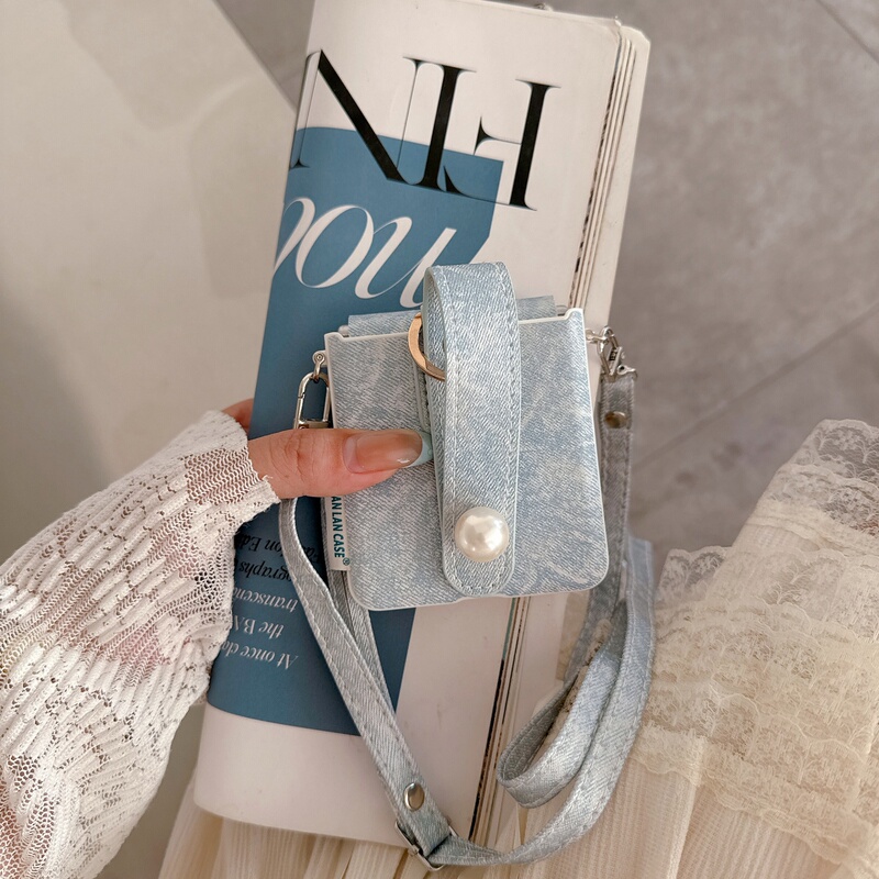 Light Luxury Style Denim Pearl Wristband Crossbody Lanyard Suitable for Samsung Zflip8/7/6/5 Phone Case W24Flip Full Cover Huawei Purax Foldable Screen Xiaomi Mixflip Honor Vflip