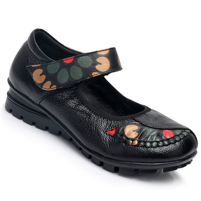 2018 Spring New Genuine Leather Women's Single Shoes for Middle-Aged and Elderly, Wedge Heel, Ankle Strap, Ethnic Style, Floral Pattern, Mom Shoes