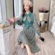 Autumn and winter new corduroy dress with coat knitted stitching long sleeve waist bottoming mid-length floral skirt