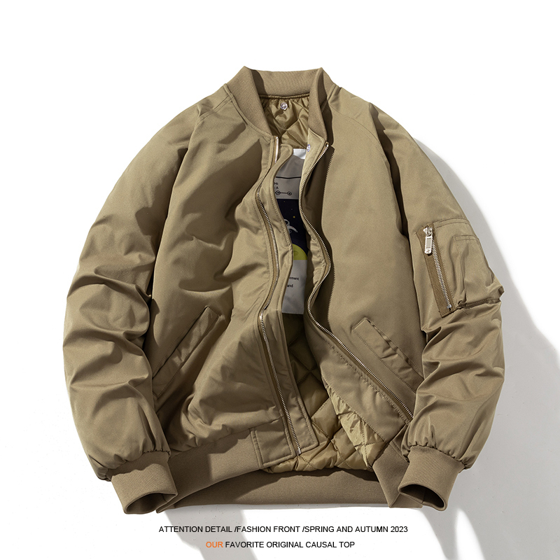American Retro Solid Color Baseball Jacket for Men, Spring, Autumn and Winter Ma1 Pilot Jacket, School Uniform Style, Thickened Cotton Coat