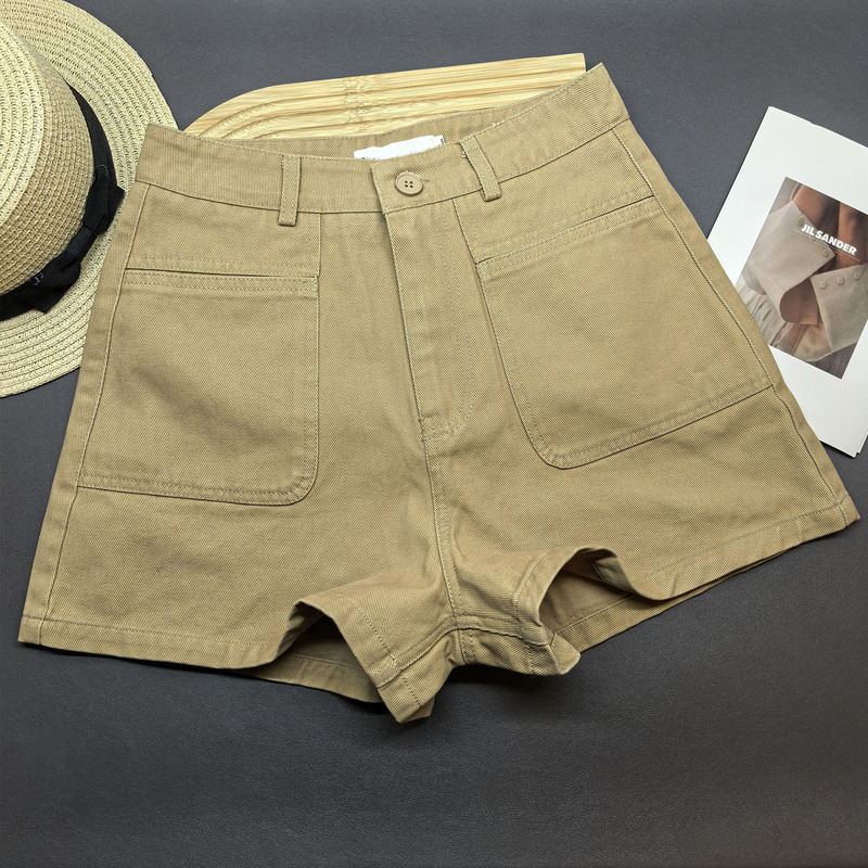 Khaki Denim Shorts 2026 Summer New Women's High-Waisted A-Line Cargo Pocket Wide-Leg Loose Hot Pants