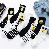 Smiley face socks female middle tube black stripes Korean cute ins tide summer thin spring and autumn white Net Red Stockings