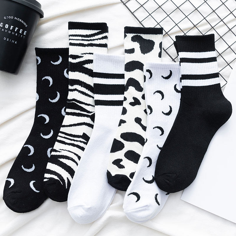 Black socks mid tube ins tide pure cotton spring and autumn striped milk Japanese cute white stockings wild