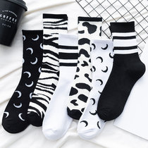 Black socks female middle tube ins tide cotton spring and autumn stripes milk Japanese cute white stockings Joker