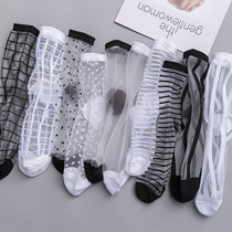 Transparent socks womens middle tube Korean glass silk ins tide crystal socks summer thin summer mesh striped stockings