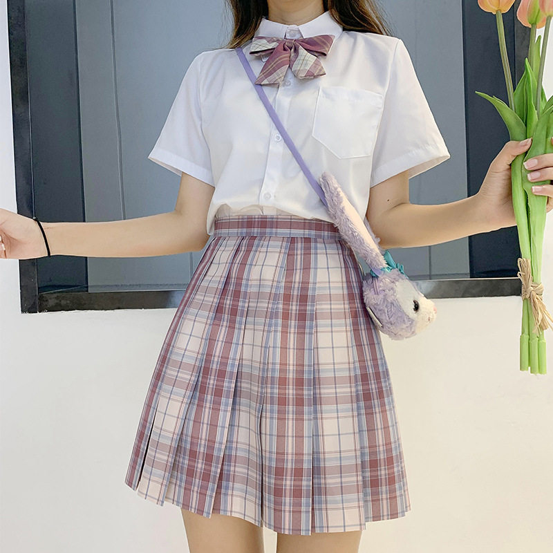 Big pink plaid genuine rabbit seam seam JK uniform full outfit La La sauce pleated short grid skirt women's summer shirt