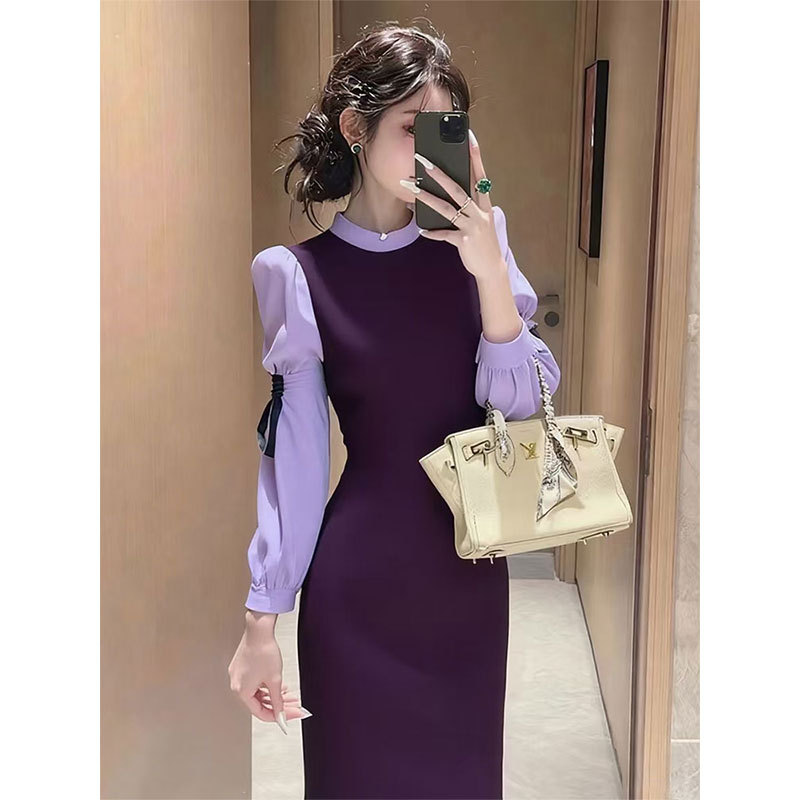 French-Style Purple Patchwork Long-Sleeve Dress for Women, 2025 Autumn, Gentle and High-End, Elegant and Graceful Long Dress