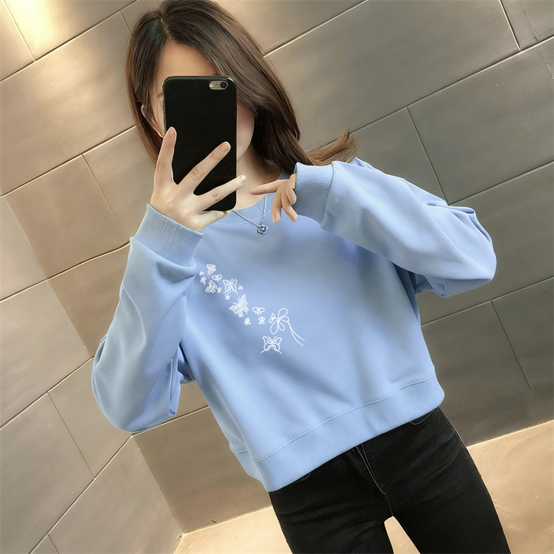 Huamian New Sweatshirt, Round Neck, Long Sleeves, Printed, Loose Fit, Petite, Slimming, Short Style, Fashionable Top, Simple Korean Style