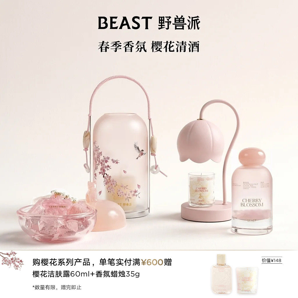 ビーストパーティ 桜酒シリーズ クリスタルランタンキャンドル フレグランスギフトセット - 春限定版 ホリデーバースデーギフト