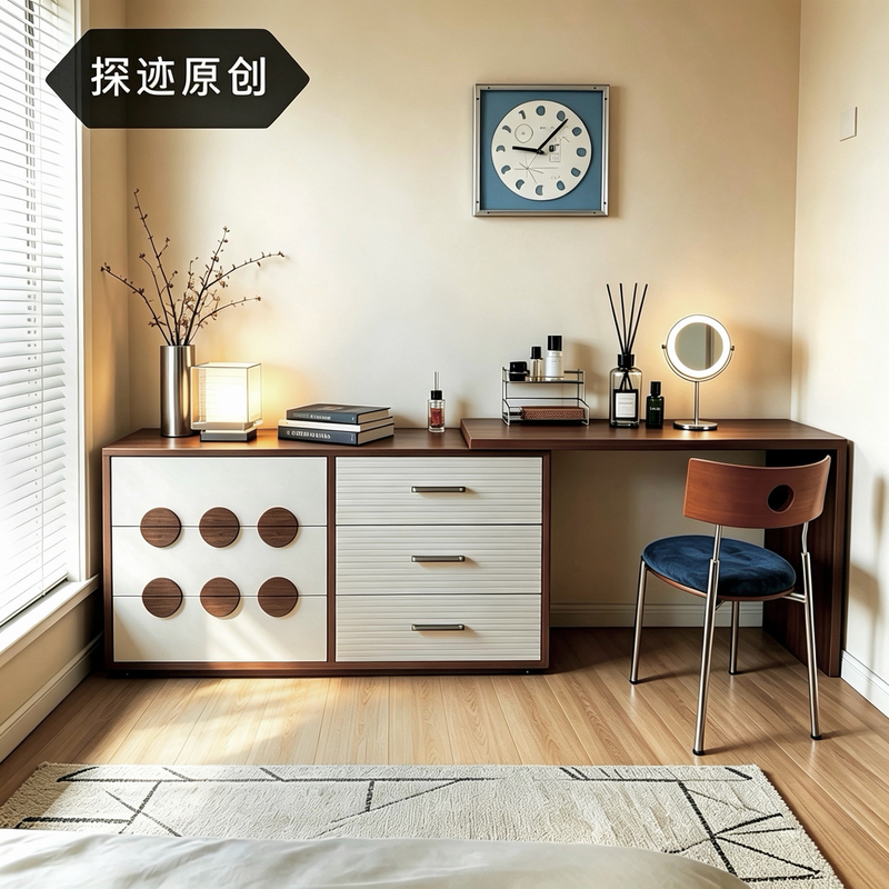 Bauhaus Vintage Dresser and Desk Combo, Bedroom Bedside Storage Cabinet, Corner Vanity Table