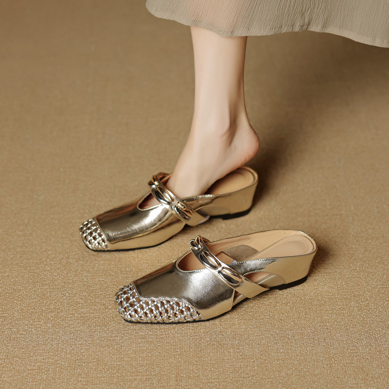 Mordeluxe Italian Light Luxury Style Summer Height-Increasing Woven Hollow-Out Closed-Toe Mules for Women, Genuine Leather Square Toe Mordeluxe Italian Light Luxury Style Summer Height-Increasing Woven Hollow-Out Closed-Toe Mules for Women, Genuine Leather Square Toe