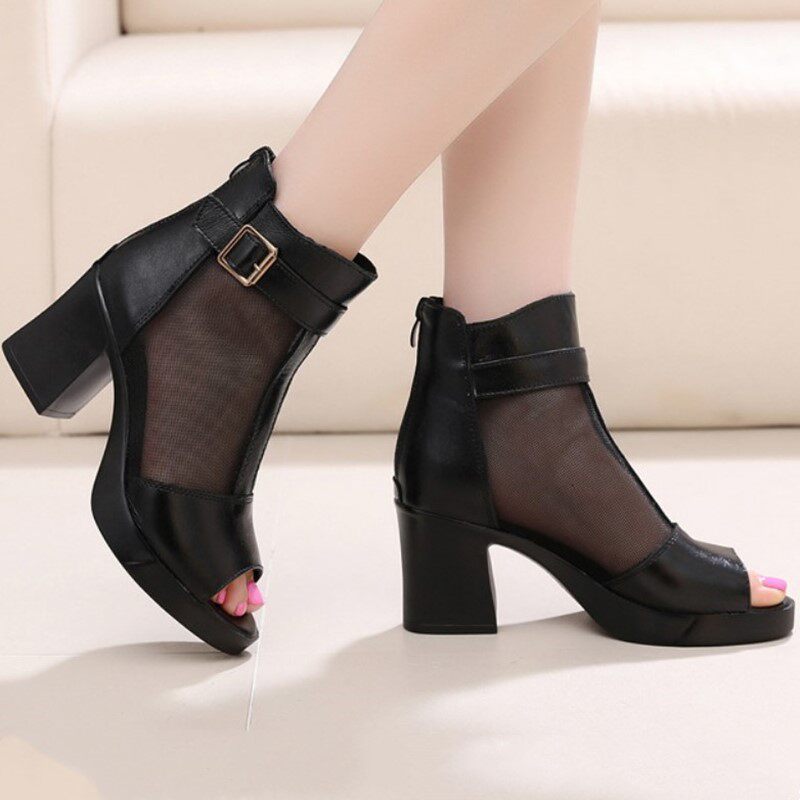 2022 new summer leather fish mouth mesh sandals women's thick heels high heels non-slip breathable mother shoes large size mesh boots